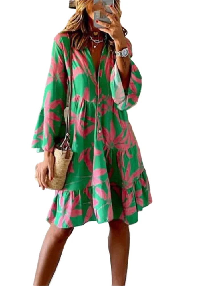 

New Spring And Summer Women's Dress Printed Flared Sleeves Casual Fashion Elegant Loose Office Party Holiday Dresses Vestidos