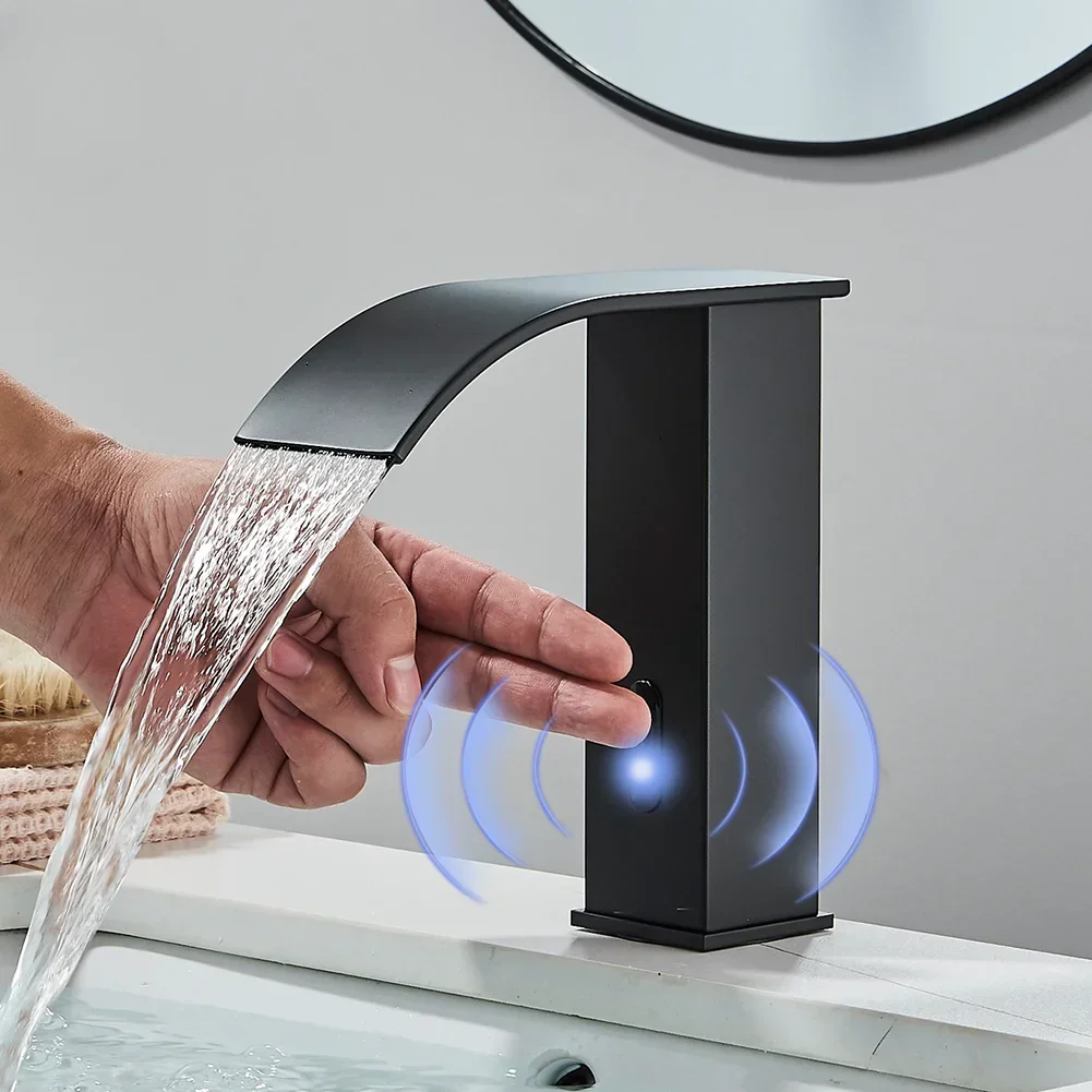 Rozin Black Smart Sensor Bathroom Basin Faucet Touchless Automatic Sense Mixer Tap Waterfall Hot Cold Water Washbasin Crane