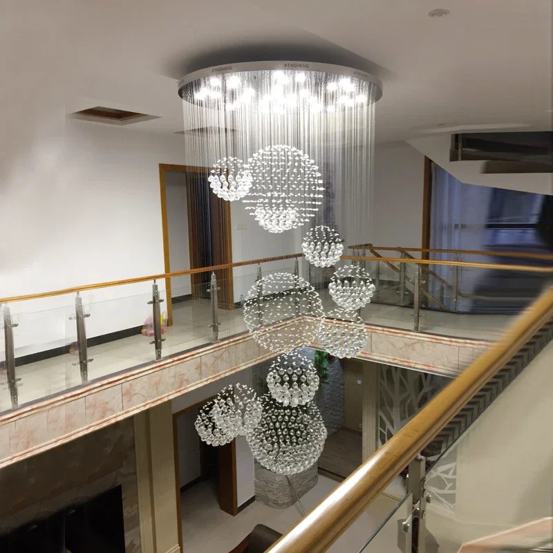 Lustre en cristal moderne K9 pour escaliers, grande boule de cristal, lampe à LED, design en spirale, luminaires de salon, 11 pièces