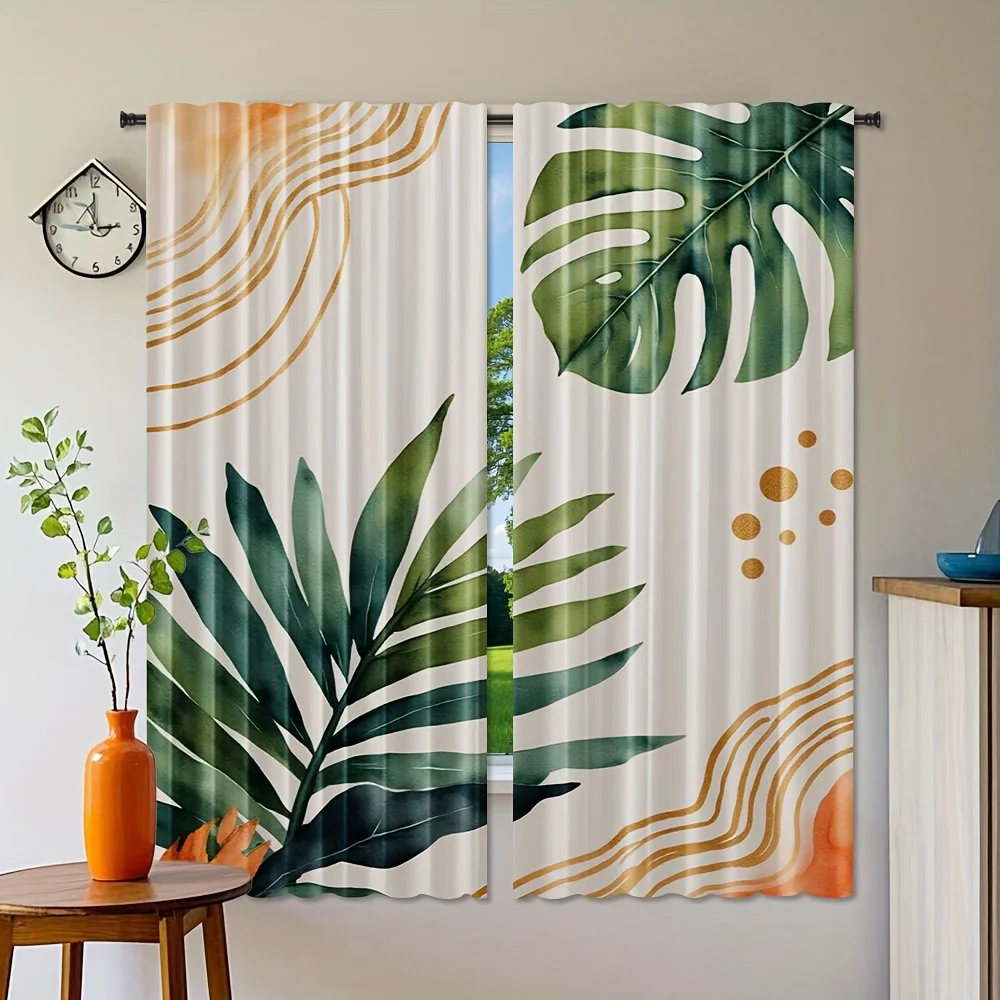 قطعتان، ستائر مطبوعة بأوراق استوائية كلاسيكية مستوحاة من الألوان المائية مع تصميم جيب قضيب، بوليستر لغرفة المعيشة والمنزل #4