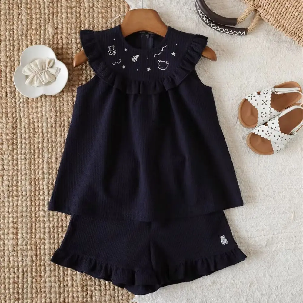 

baby girl clothes kids' sets and outfits toddler girl clothes navy blue Cartoon pattern embroidery Puff sleeve T-shirt + shorts