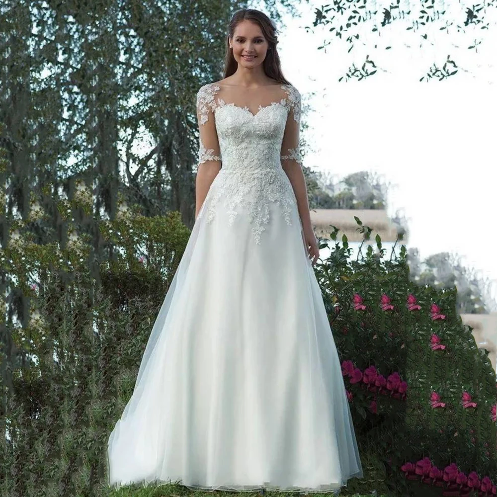 A Line Satin Wedding Dress Scoop Mesh Neck Lace Appliques Half Sleeves Bridal Gown Illusion Backless Vestido De Noch