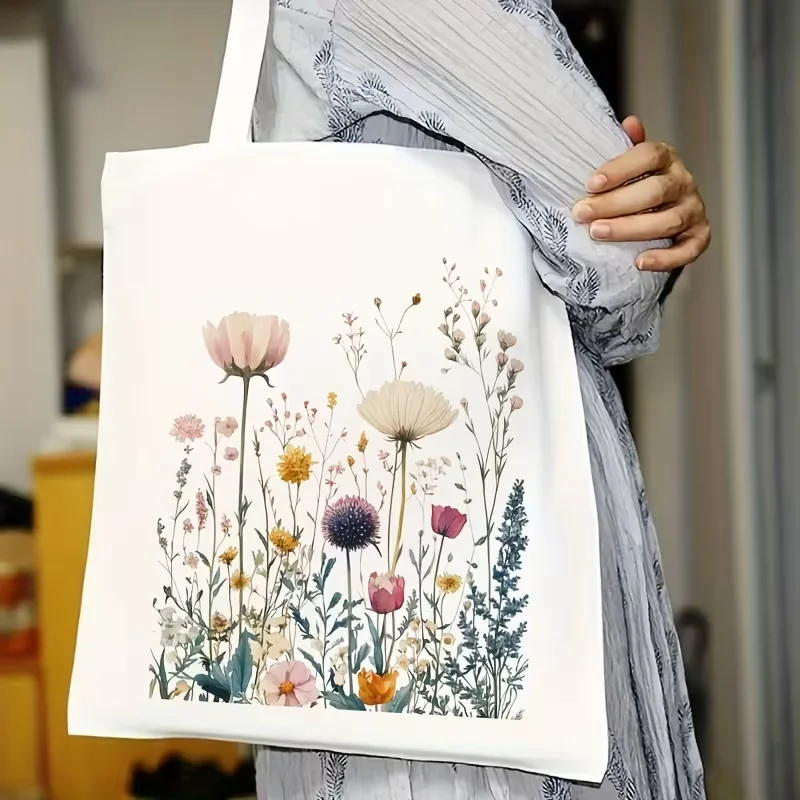 Boho Wildflowers Pattern Retro Graphics Canvas Tote Bag Reusable Shopper Bag for Women Purses and Handbags Shopping Cloth Bag