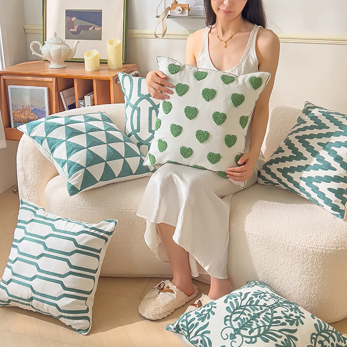 1 Pc 2026 New Cotton Towel Embroidered Throw Pillow Set - Pure Color Geometric Series - Green With Pillow Core 45×45cm