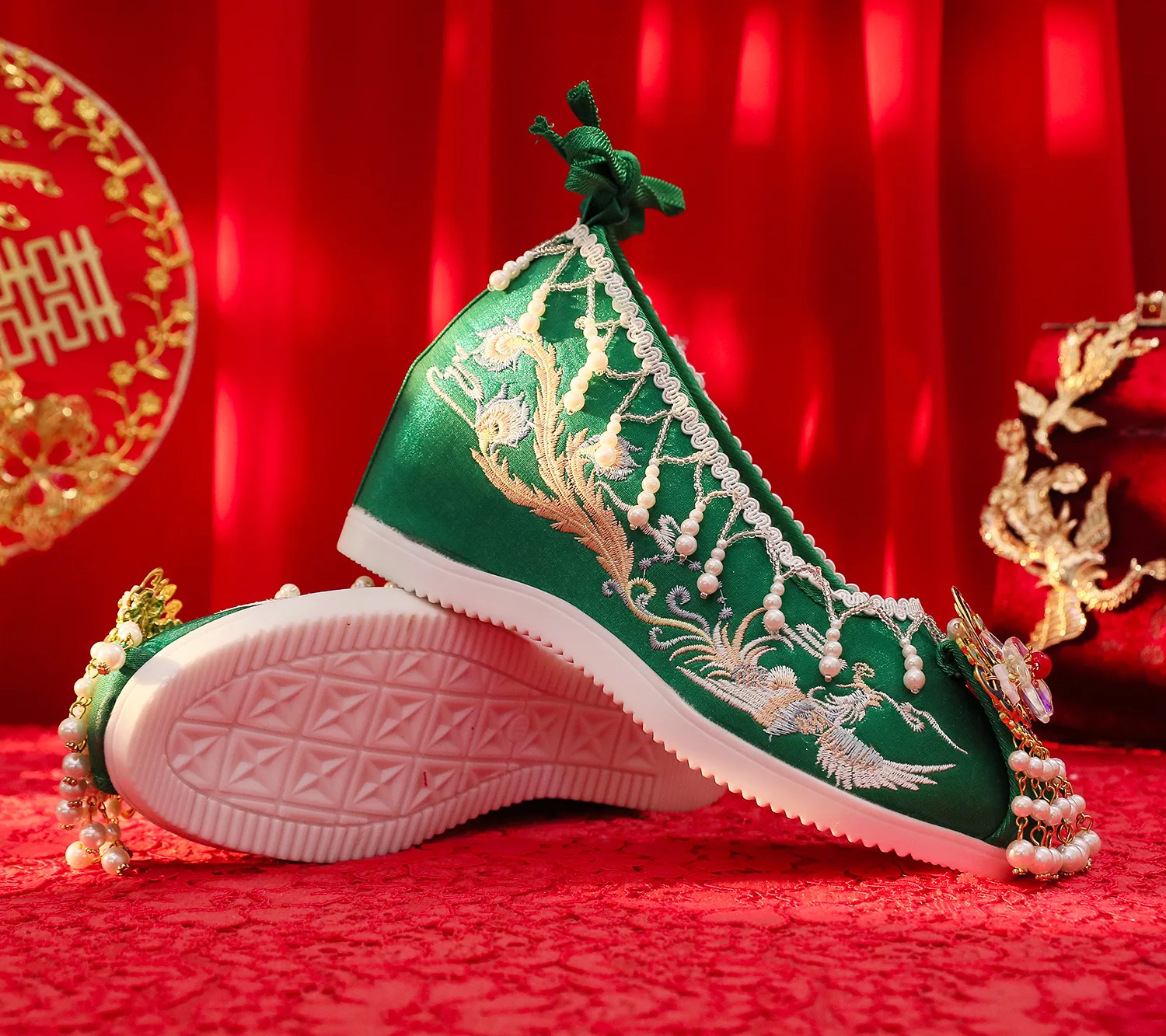 Bridal Green Hanfu Wedding Shoes Women's Chinese Traditional Ancient Style Pearl Beaded Tassel Embroidered Lace-up Hidden-heels