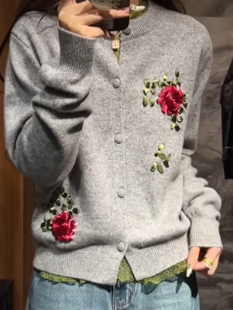 

Floral Knitted Open Cardigan Casual Versatile Slimming Top for Autumn Season Large Size Comfortable Warmth round Ne Long Sl...