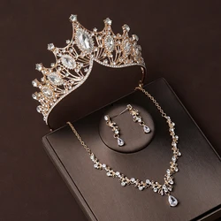 Baroque Gold Color Crystal Heart Bridal Jewelry Sets Rhinestone Crowns Tiaras Necklace Earrings Wedding Dubai Jewelry Set