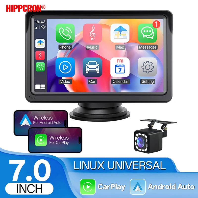 Hippcron 7 Inch Touch Screen Car Multimedia Player, Wireless CarPlay Android Auto Portable Universal Car Radio