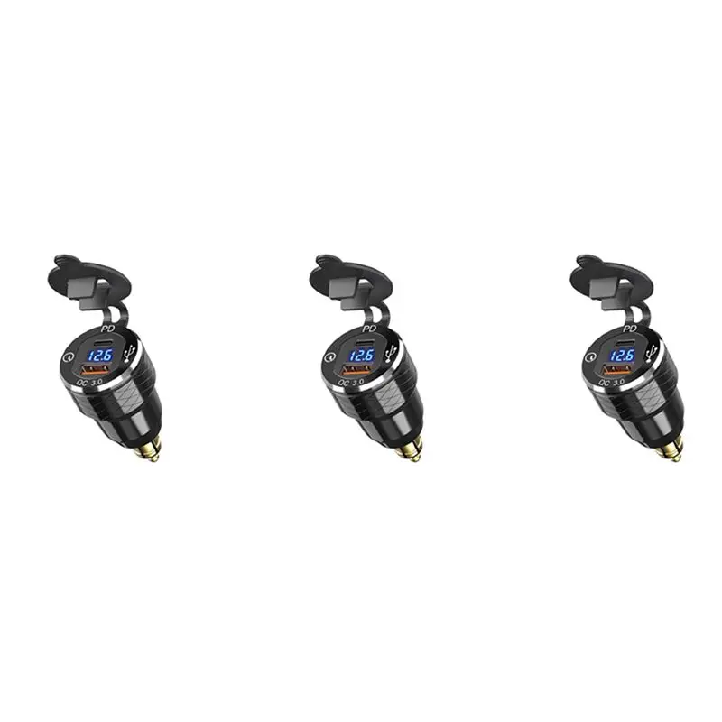 3X PD 3.0 Type C USB Fast Din To USB & 18W QC 3.0 Power Outlet With Voltmeter For 12V-24V Ducati BMW Motorcycle