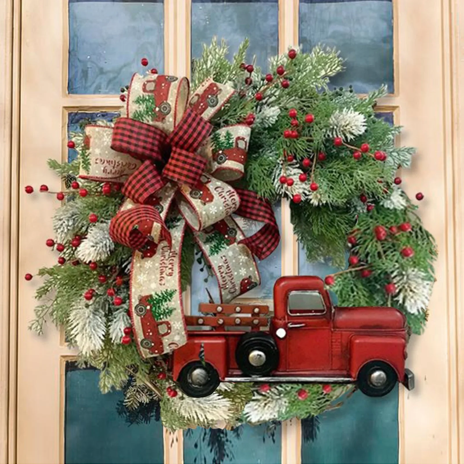 

Christmas Wreath Artificial Plant Rattan Red Truck Rustic Fall Wreath for Front Door Garland for Thanksgiving Xmas Hanging Decor