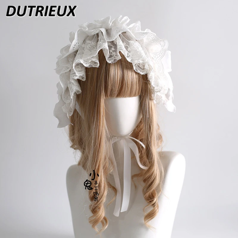 White Japanese Style Original Sweet Cute Girls Lolita Headband Cute Bow Hair Clips Accessories Versatile Lace Up Headgear