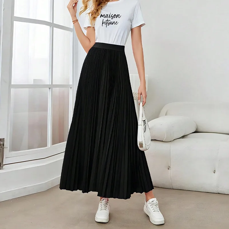 

Black Skirt for Women Elegant Large Hem Pleated Skirts Spring Summer Long A-Line Skirt Office Lady Vacation