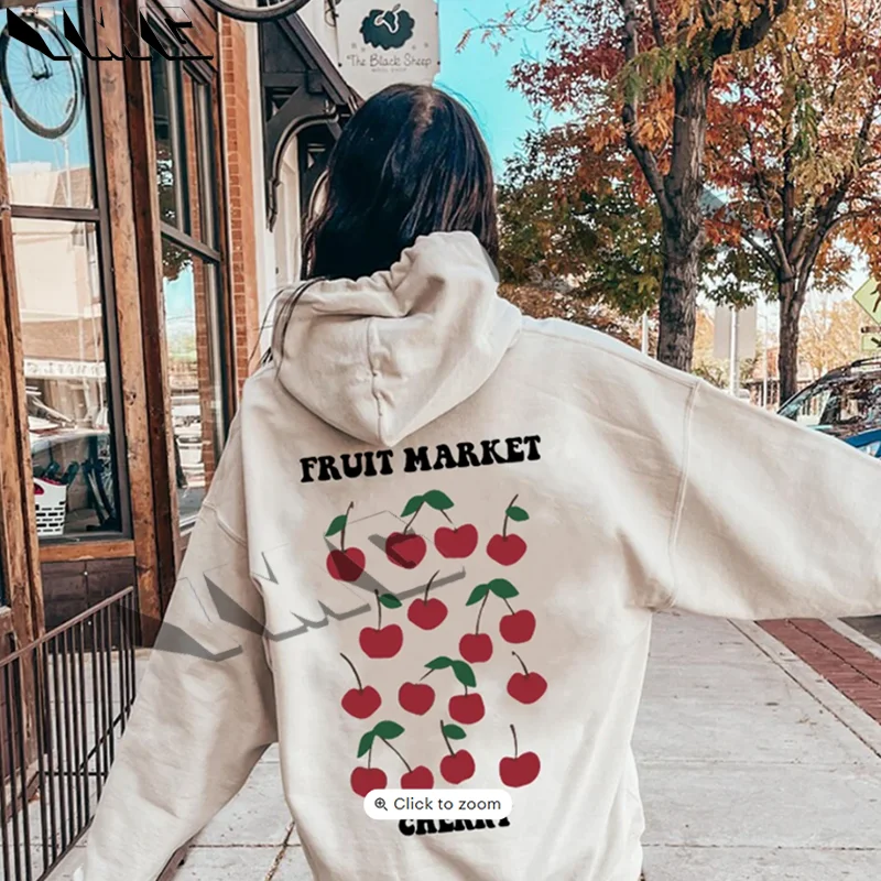 Cute Cherry Fruits Hoodie Fruit Market Sweatshirt Trendy Woman Hoodis Words on Back Aesthetic Long Sleeve Pullover Streetwear