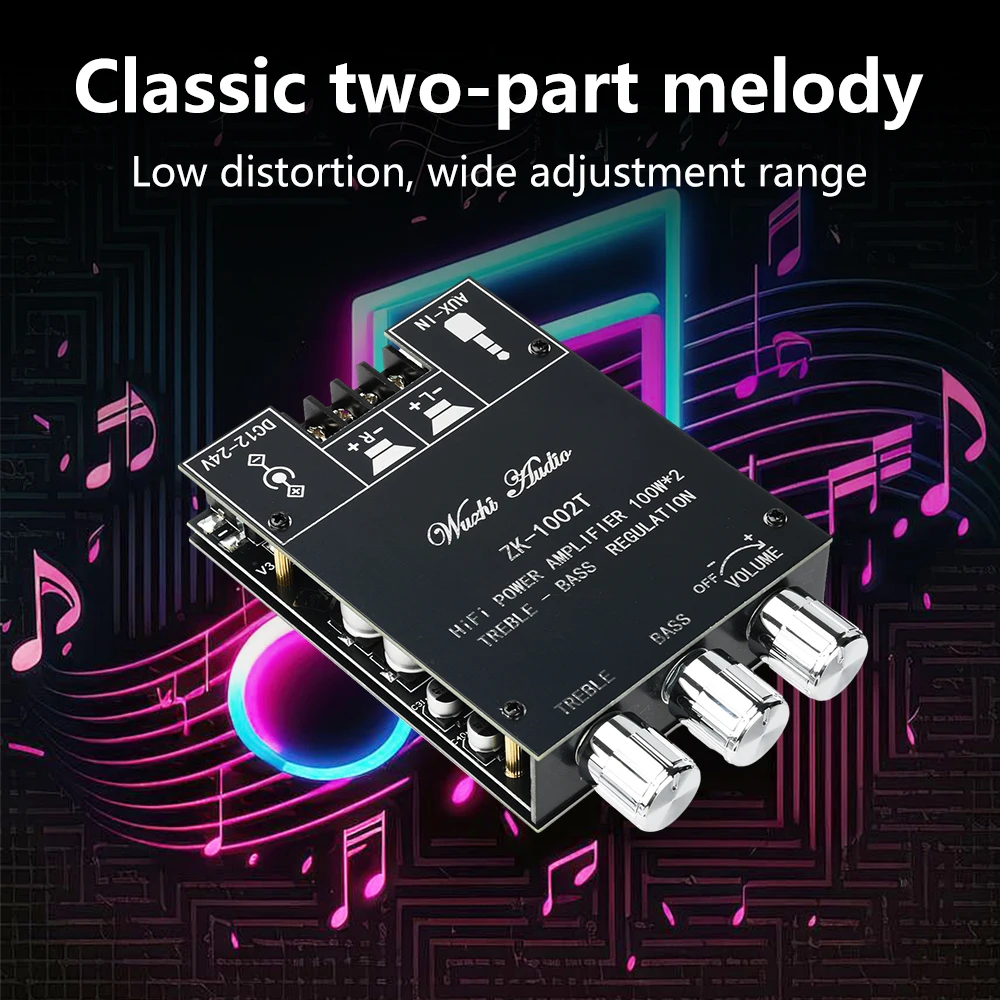 ZK-1002T Bluetooth 5.0 HIFI 2.0 Channel Power Audio Stereo Amplifier Board 2*100W Module TREBLE Bass Note Tuning AMP