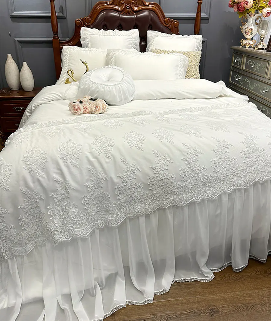 Royal fairyfair lace edge ruffled bed sets,full queen king girl cotton elegant princess wedding bedskirt pillow case quilt cover