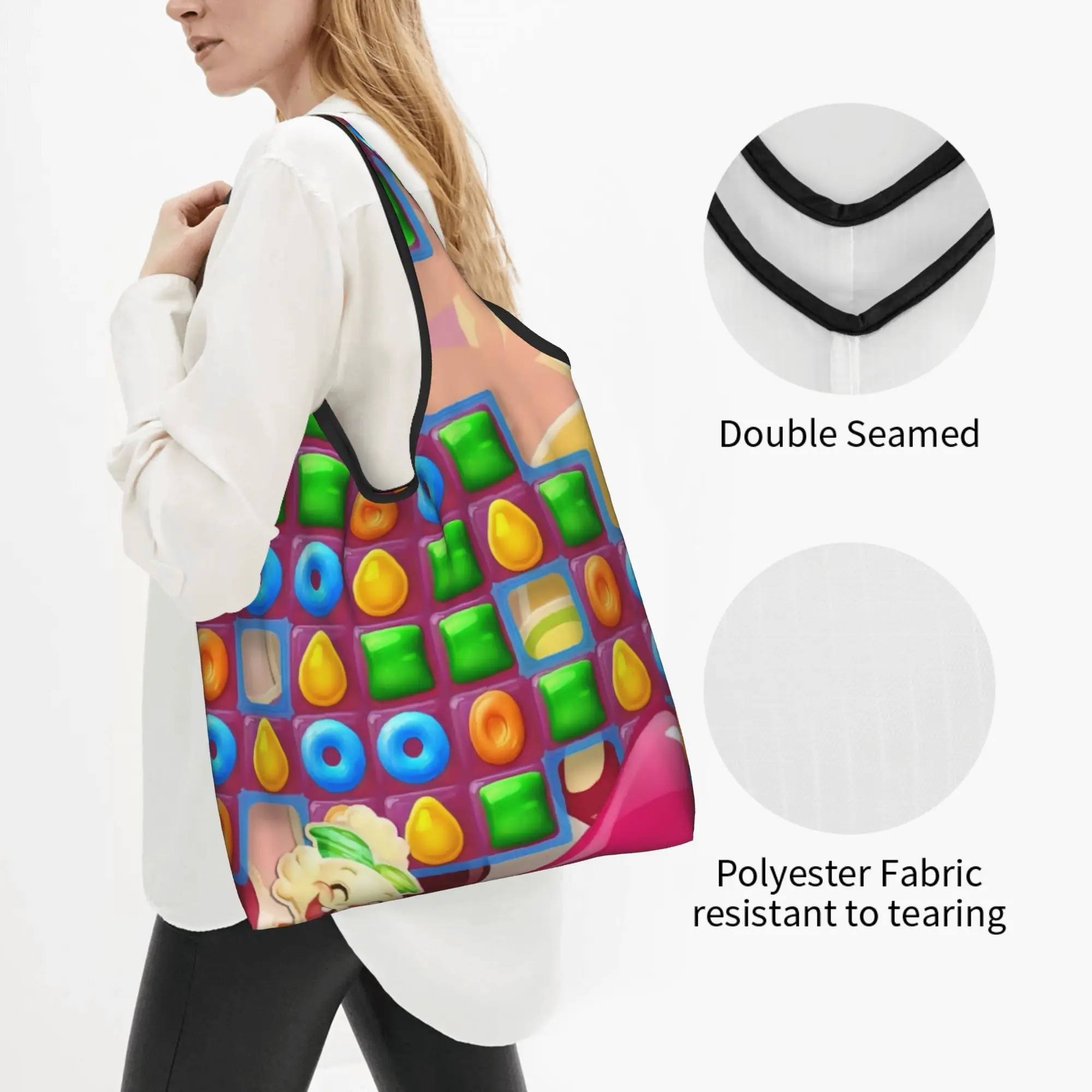 Colorful Candy Crush Saga  Groceries Tote Shopping Bags Women Kawaii Video Game  Shoulder Shopper Bags Large Capacity Handbags