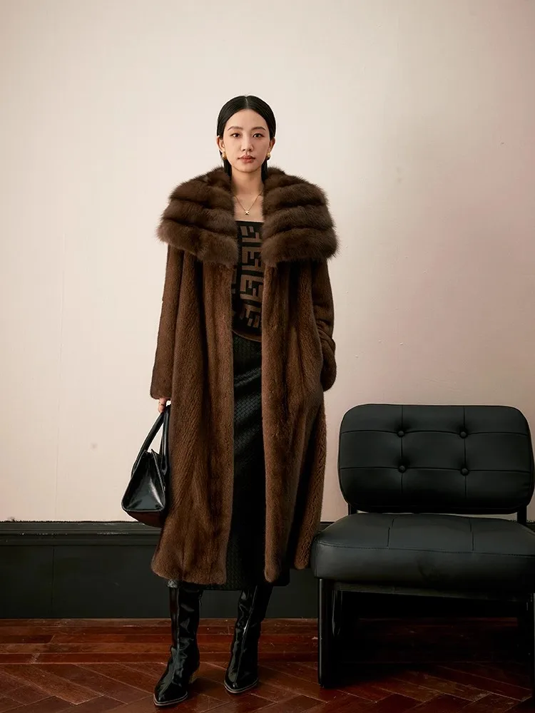 Lautaro Winter Long Luxury Elegant Thick Warm Soft Brown Faux Mink Fur Coat Women Turn-Down Collar Loose Stylish Furry Overcoat