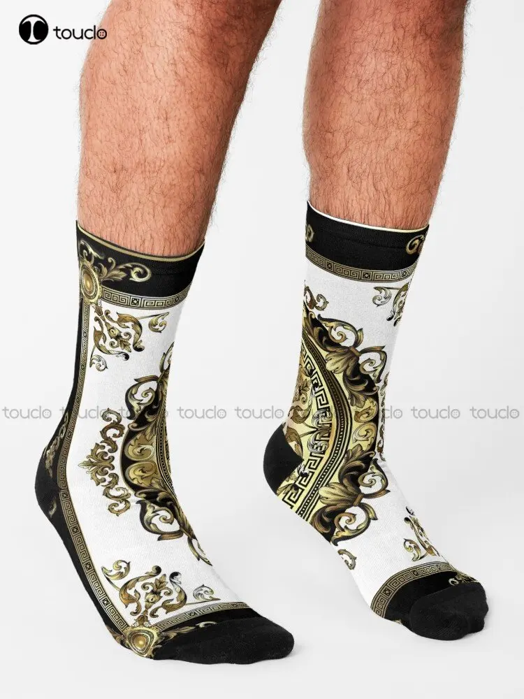 Ornate Baroque White Gold Black Greek Key Meander Socks High Socks Personalized Custom Unisex Adult Teen Youth Socks Custom Gift