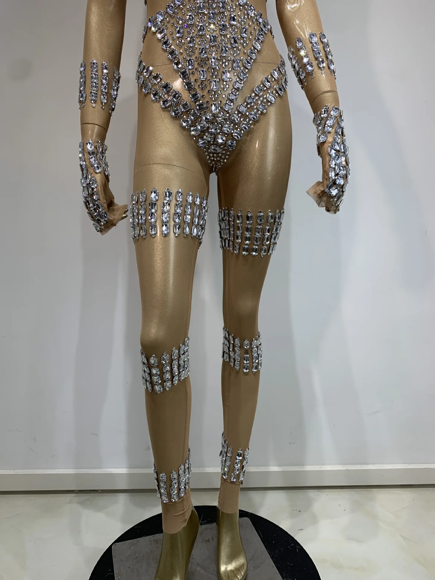 STOCK Sexy Mesh Rhinestone Jumpsuit Female Singer Performance Outfit Bar Nightclub Gig Costume See-Through Luxury Evening Gowns