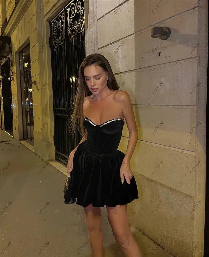 

LIYYLHQ Black Velour Prom Dresses Beading Velvet Strapless A Line Short Mini Formal Party Dresses Evening Dresses For Women Wear