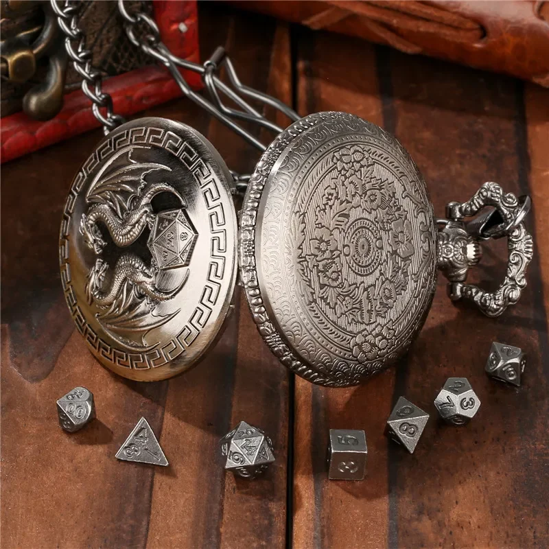 Antique Style Engraved Double Dragon Pattern Pocket Watch Case with Pendant Chain 7Pcs/set Mini Metal Polyhedral Rpg Dices