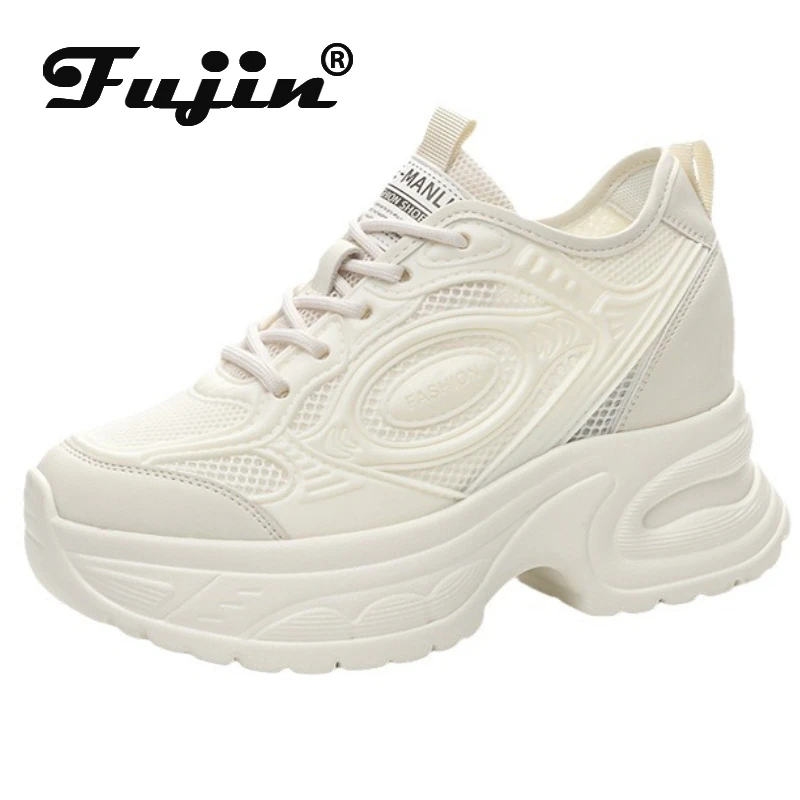 Fujin 8cm Synthetic Air Mesh Leather Lace Up Flat Shoes Women Chunky Sneakers Vulcanize Fashion Summer Comfy Booties Ankle Boots