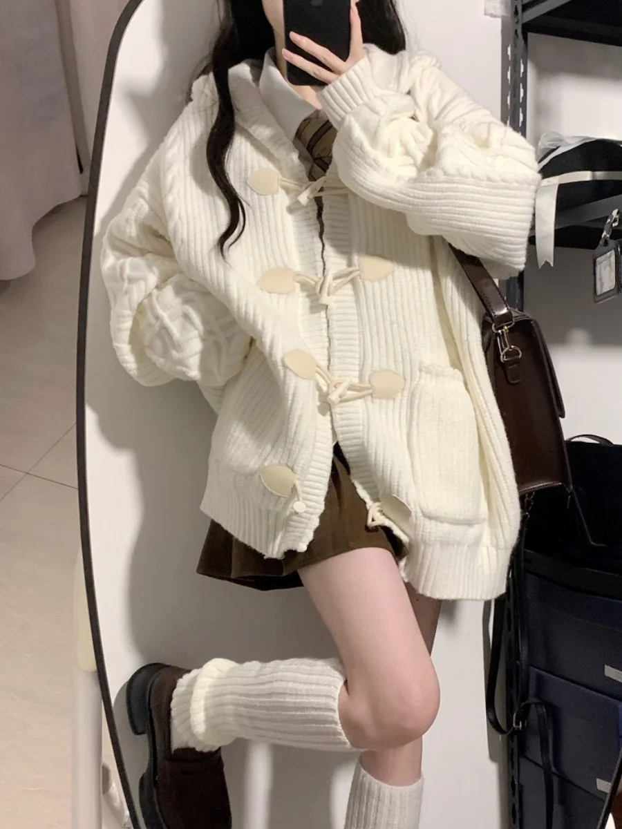 

Thiened College Sle Sweater Coat Women's Loose Fit Hooded Button up Cardigan Long Sve Autumn Winter Faion Outerwear