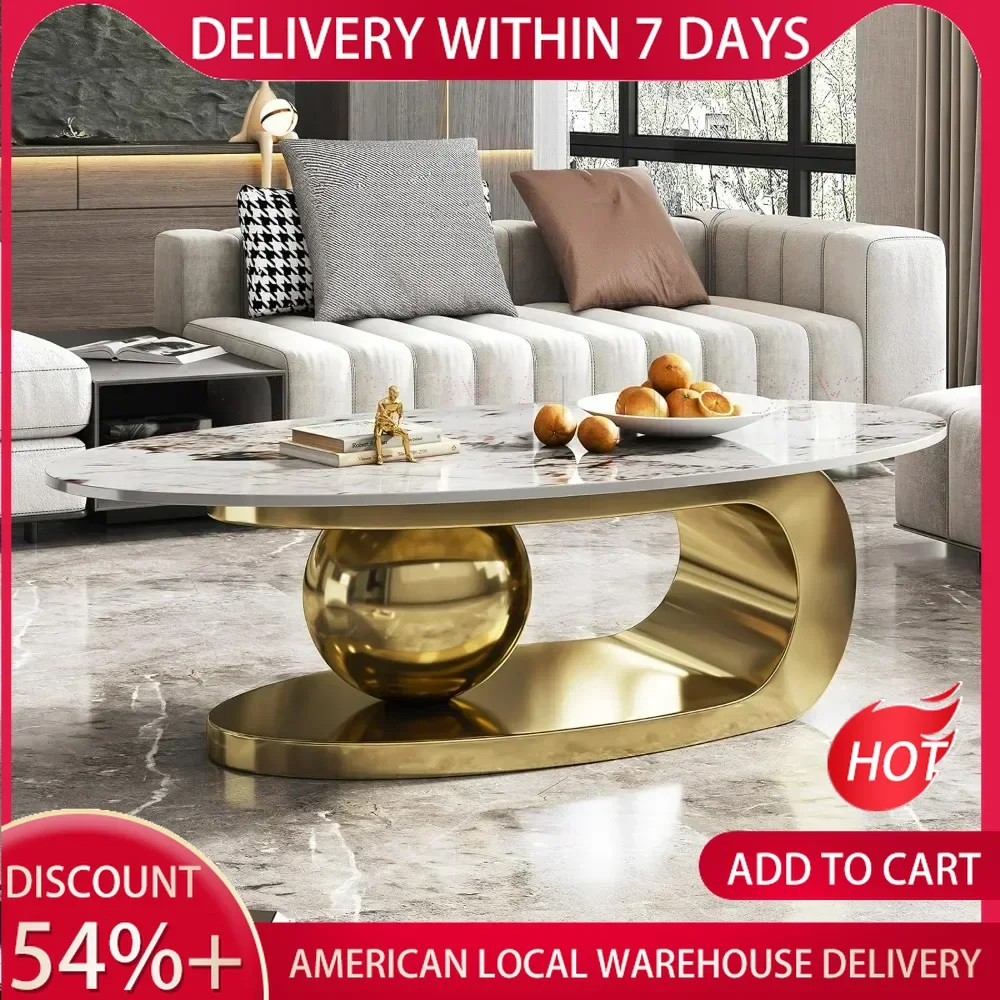 Modern Oval Stone Coffee Table with Abstract Gold Metal Base - Perfect Centerpiece for Stylish Living Rooms-Gold,51