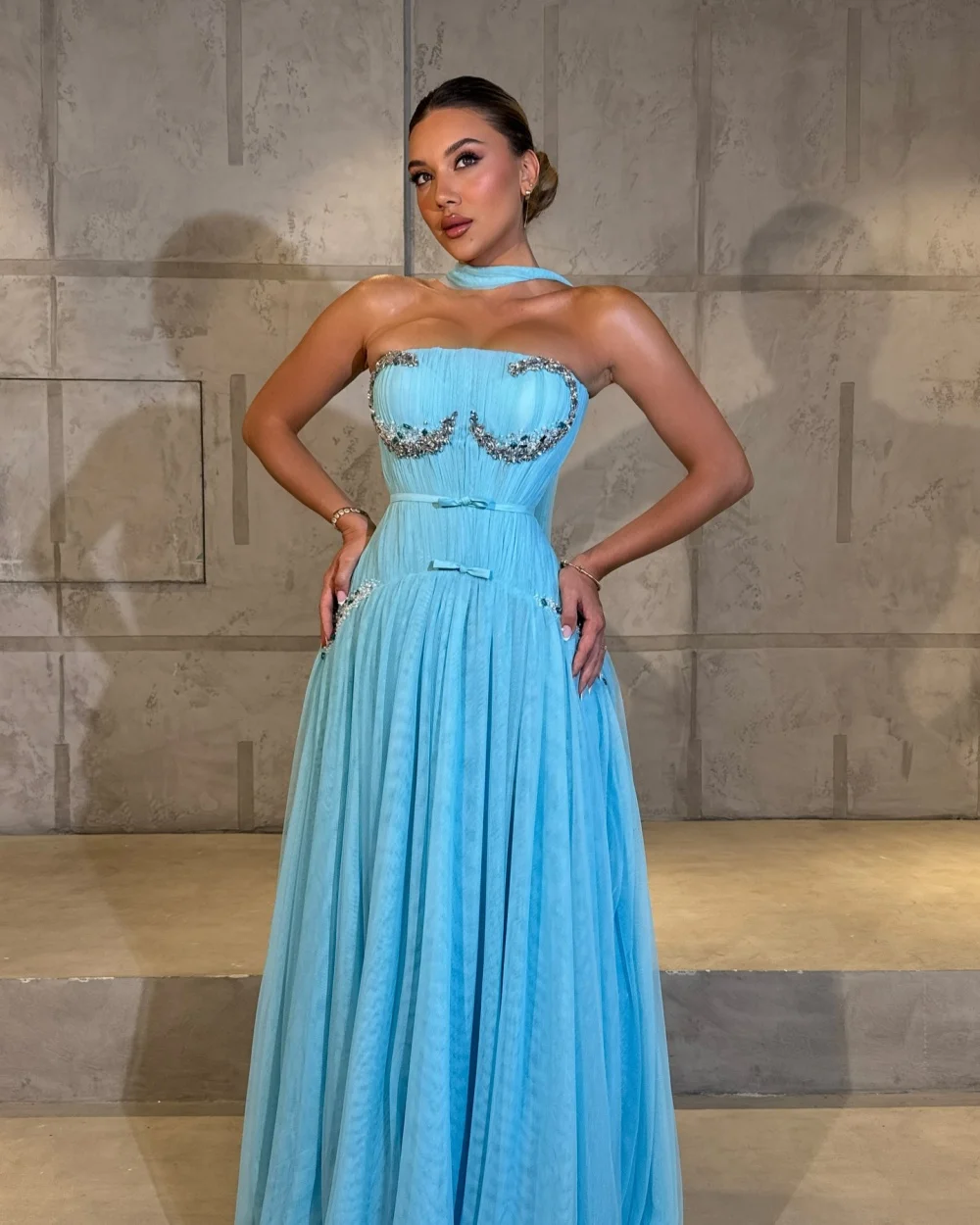 

Customized Modern Style Fashion Rhinestone Bow Straight Strapless Long Dresses Bespoke Occasion Dresses Sizes Available Matching