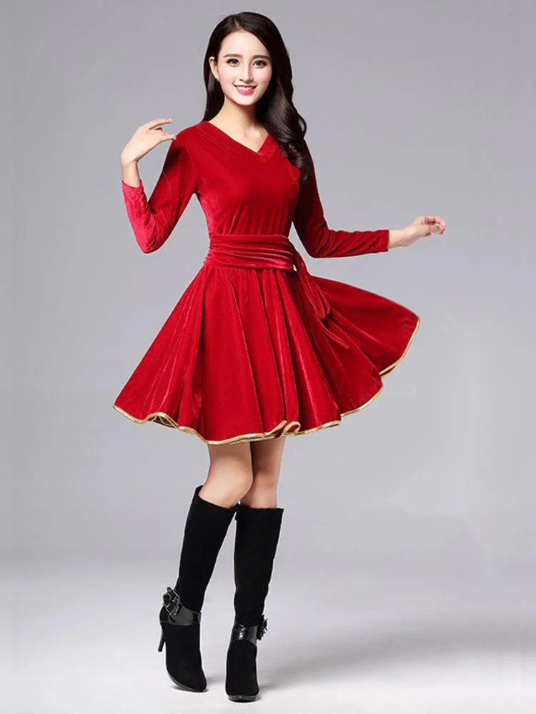 Solid Color Latin Dance Practice Ballroom Dress Belly Costume Jazz Long Sleeves Competition Sports Classical Bandage Vestidos