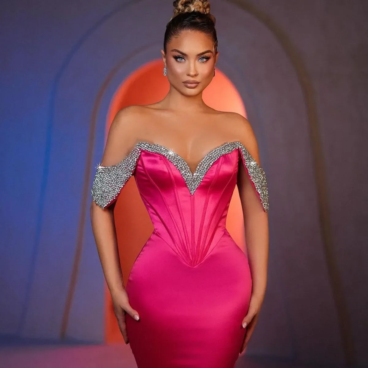 Abito da spettacolo di ballo rosa fucsia con spalle scoperte Perline Sirena Abiti lunghi da festa di compleanno Abiti da cerimonia Abiti da festa