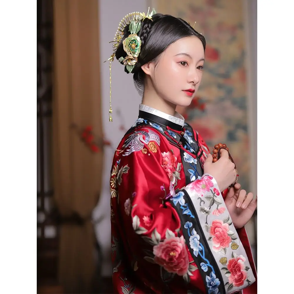 

Yourqipao Hanfu Chinese Traditional Cosplay Costumes Qing Dynasty Red Printing Women Embroidery Improved Cloak Cheongsam Dress