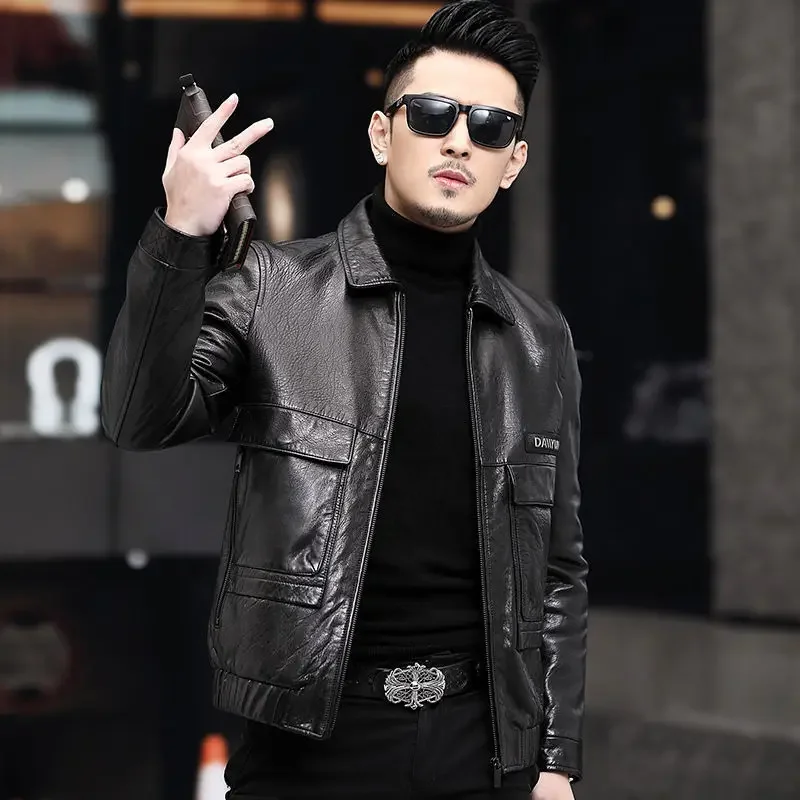 

2023 Men's Spring Autumn New Lapel Short Real Leather Jackets Male Genuine Sheepskin Coats Men Lapel Motorcycle Outerwear