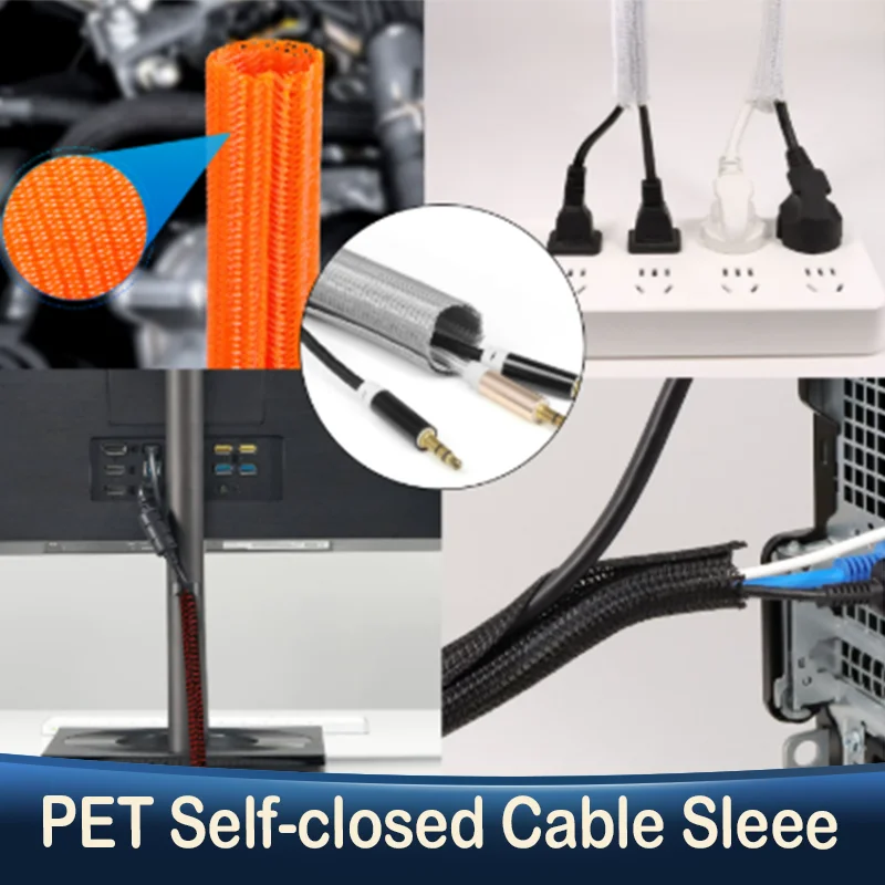 Expandable Cable Sleeve Self Closed PET Braided Management Auto Line Overlaps Flexible Loom Split Pipe Tube Wire Wrap Organizer