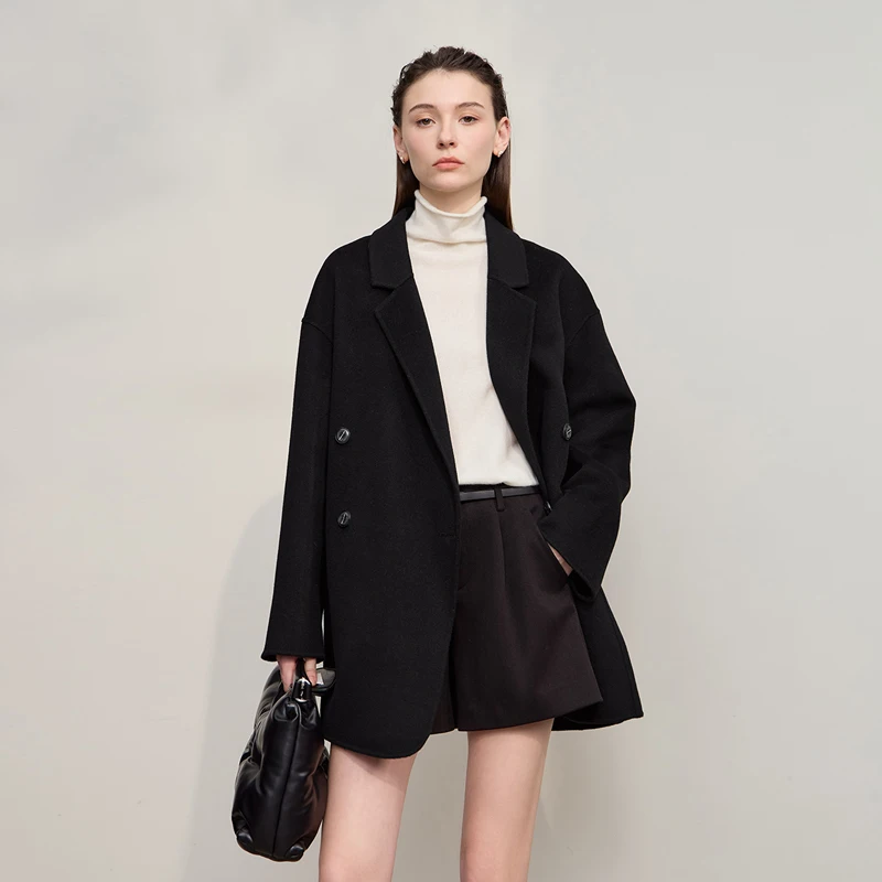 Amii abrigo de mujer 2025 invierno nueva chaqueta holgada de doble botonadura versátil para mujer abrigo de lana 100% de manga larga para mujer 12524036