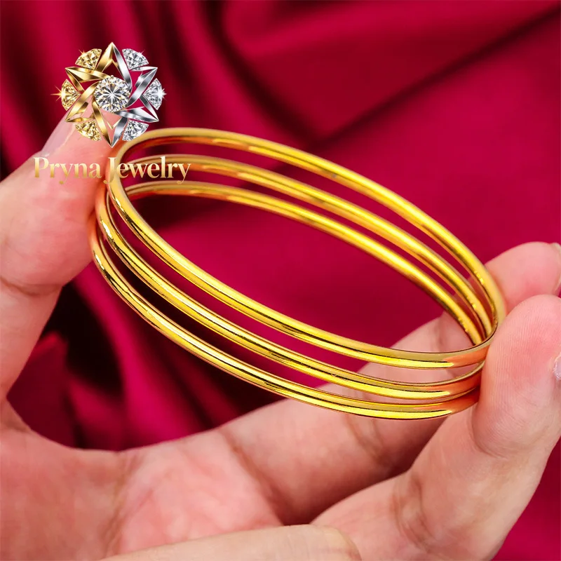 Pryna Jewelry   2.8mm Three-Life Bracelet for Women, 24K Gold, AU999 | Polished triple rings, 2.8mm sleek band for daily eleganc