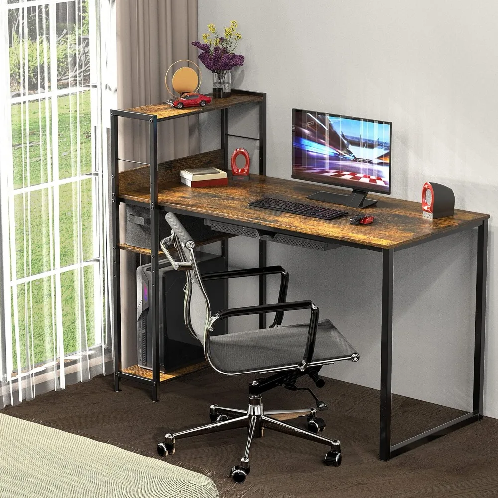 Rustic Brown 46-Inch Computer Desk with Side Shelf and Drawer for Home Office Mission Style
