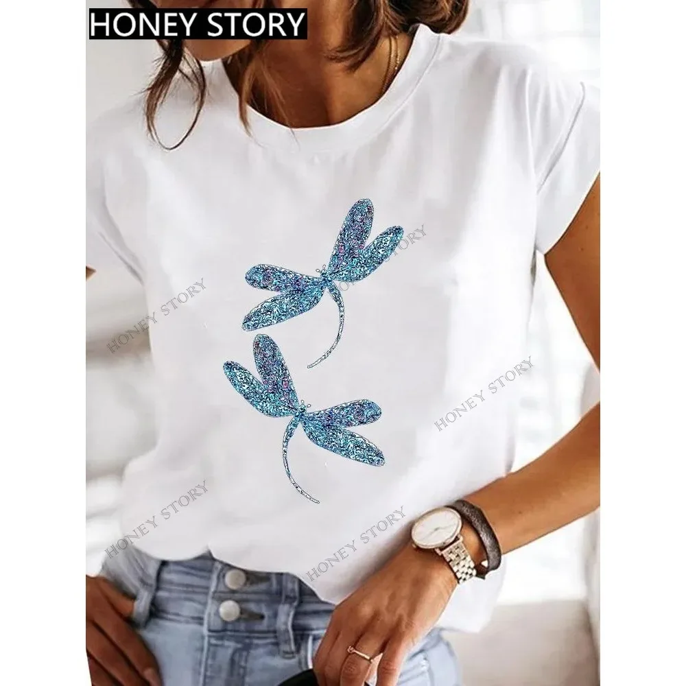 Dragonfly Butterfly Geometric Print T-shirt Casual Round Neck Short Sleeve Vibrant Colors  Abstract Floral Design Relaxed Chic