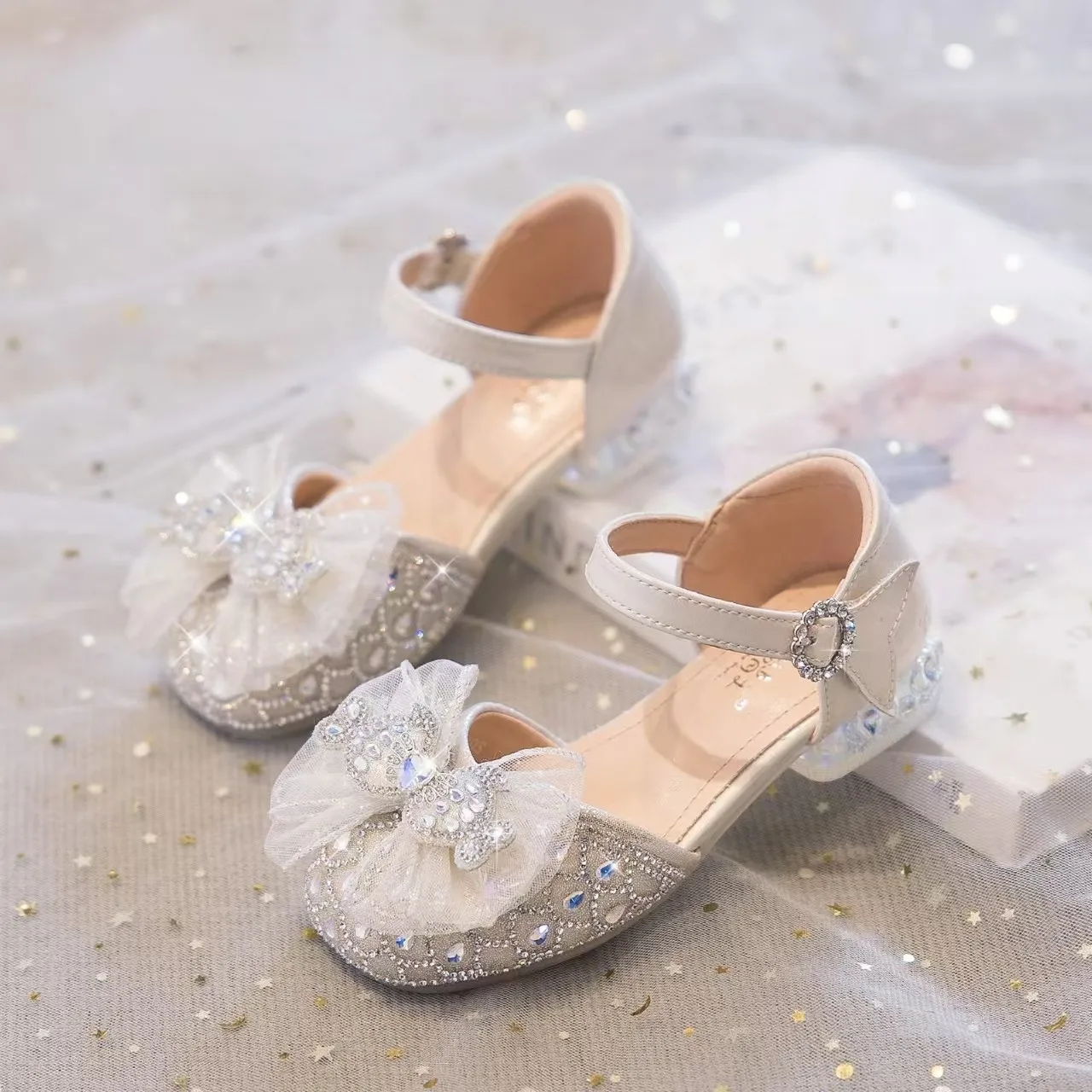 

Kids'Casual Shoes Sandals Bow Crystal Princess PU Leather Summer Rhinestone Shoes For Girls Beige Silver Shoes Size 26-36