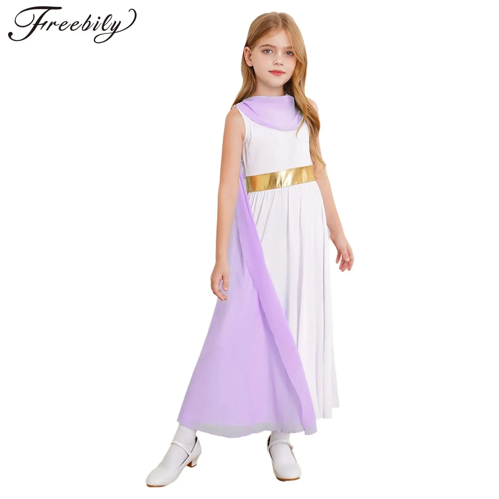 Girls Grecian Toga Roman Ancient Greek Princess Costume Fancy Dress Halloween Chorus Stage Performance Dress with Tulle Cape Set