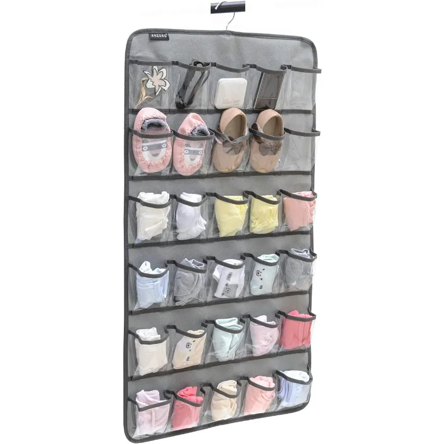 

Hanging Baby Shoes Organizer Baby band Holder Closet Organizer for Baby Bow Socks Underwear with 30 Clear Pockets GREY