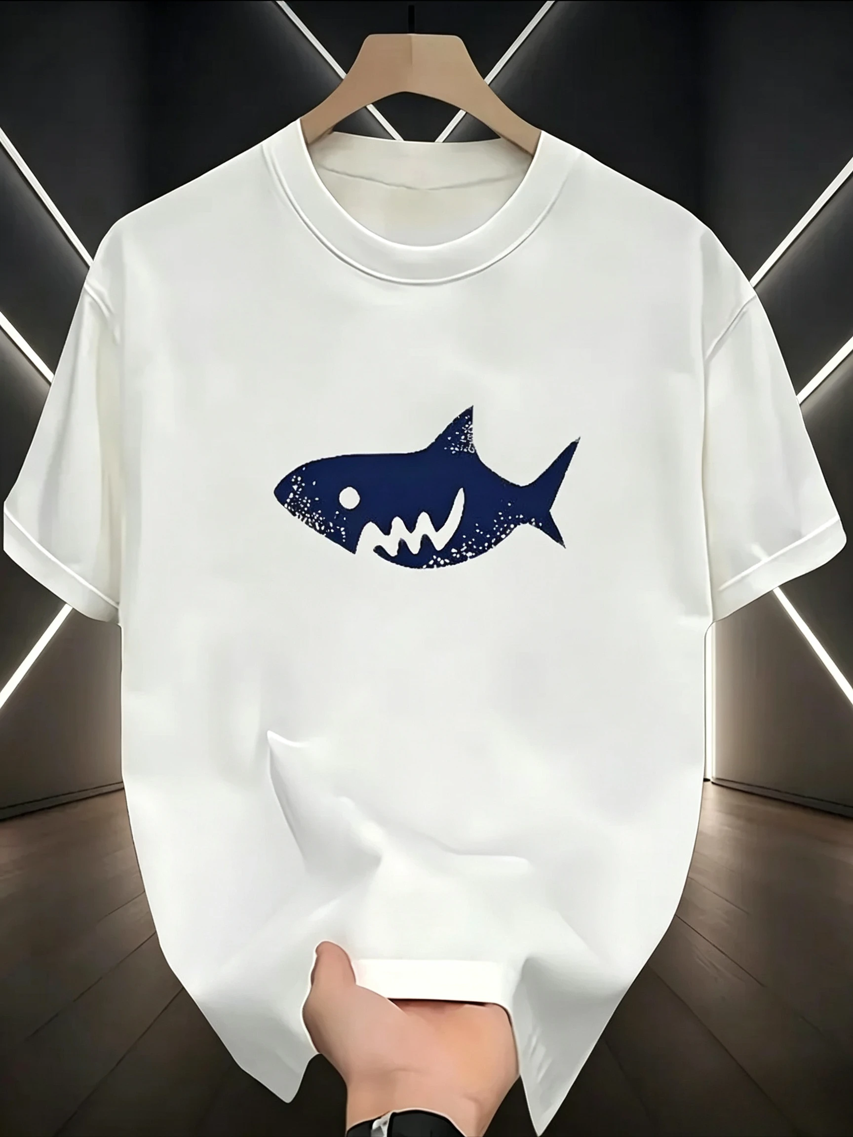 Cute Abstract Shark Graphic T‑Shirt Unisex Short‑Sleeve Casual Top Navy Blue Sea Creature Wear For Ocean Lovers