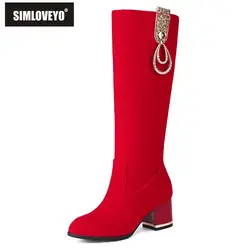 SIMLOVEYO Brand Women Long Boots Flock Round Toe Block Heels 6cm Decoration Small Size 32 33 Party Daily Bota