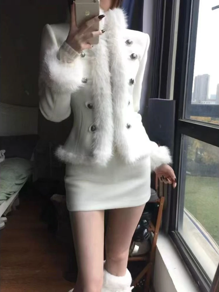 Vintage Subculture Black Woolen Coat Women High Street Gothic Y2k Punk Slim 2-piece Set Aesthetic Hot Girl Pleated Skirt Outfits