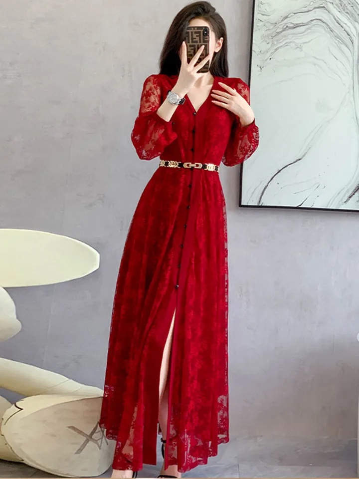 red lace dress with belt Embroidered Lace High Low Dress - Tomato Red