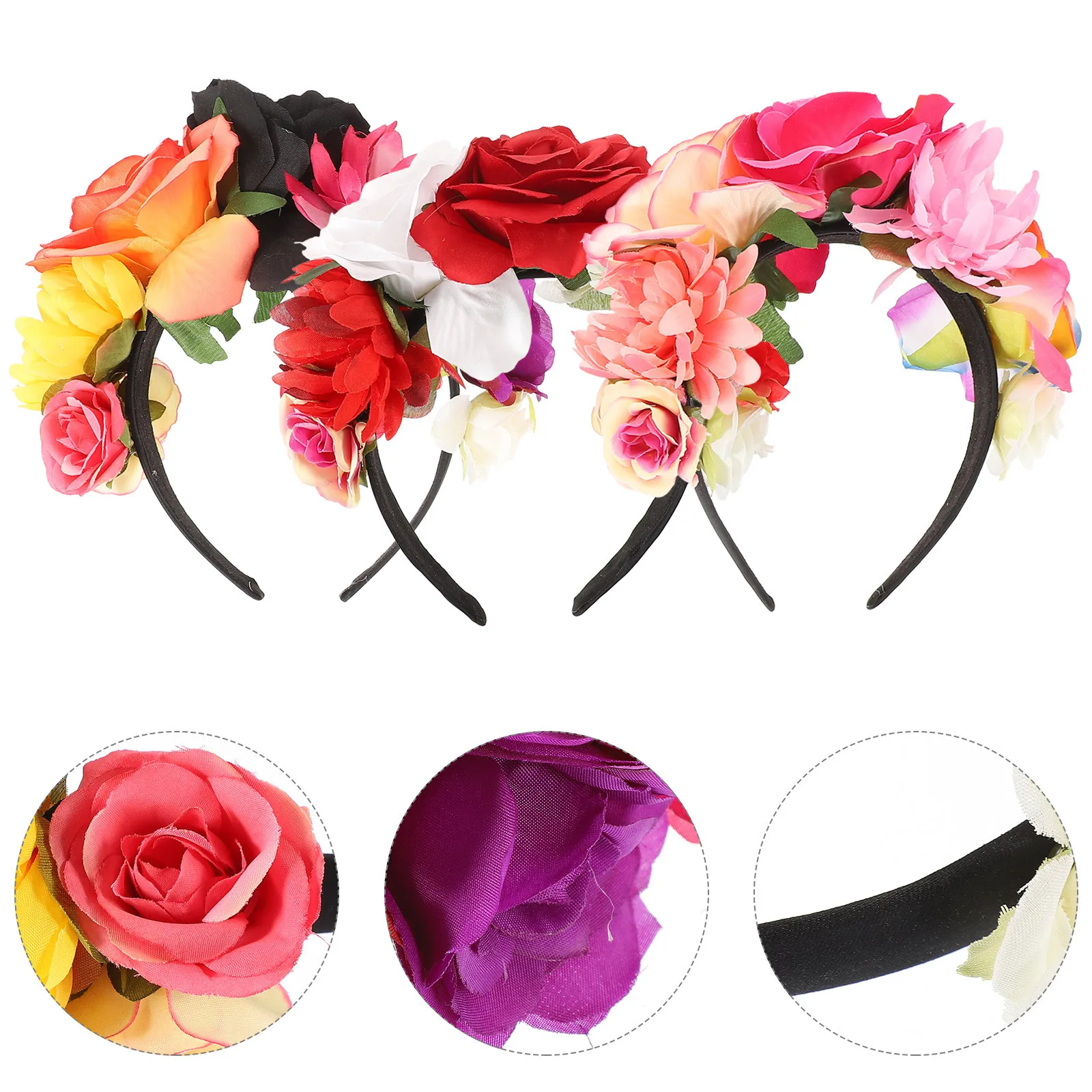 

3Pcs Floral Headbands with Realistic Roses Multiple Colors Comfortable Fit for Halloween Parties Weddings Festival Events