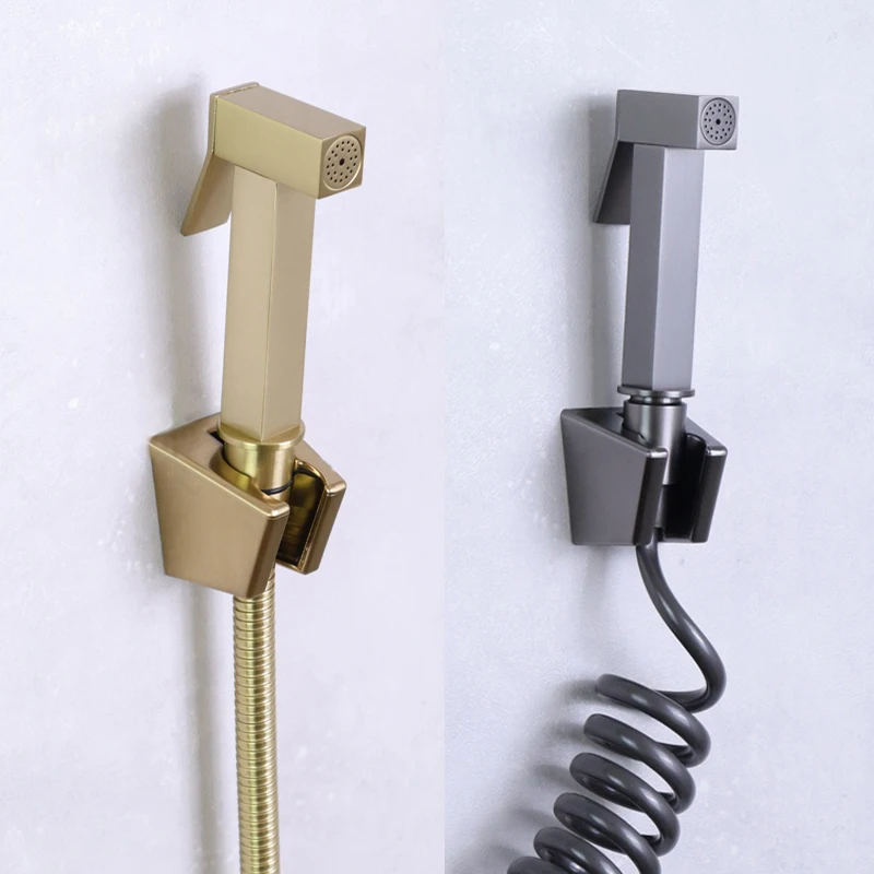 Square Handle Brass Bidet Sprayer Spring/Stainless Steel Hose ABS Bracket Brushed Gold Metal Grey Chrome Black