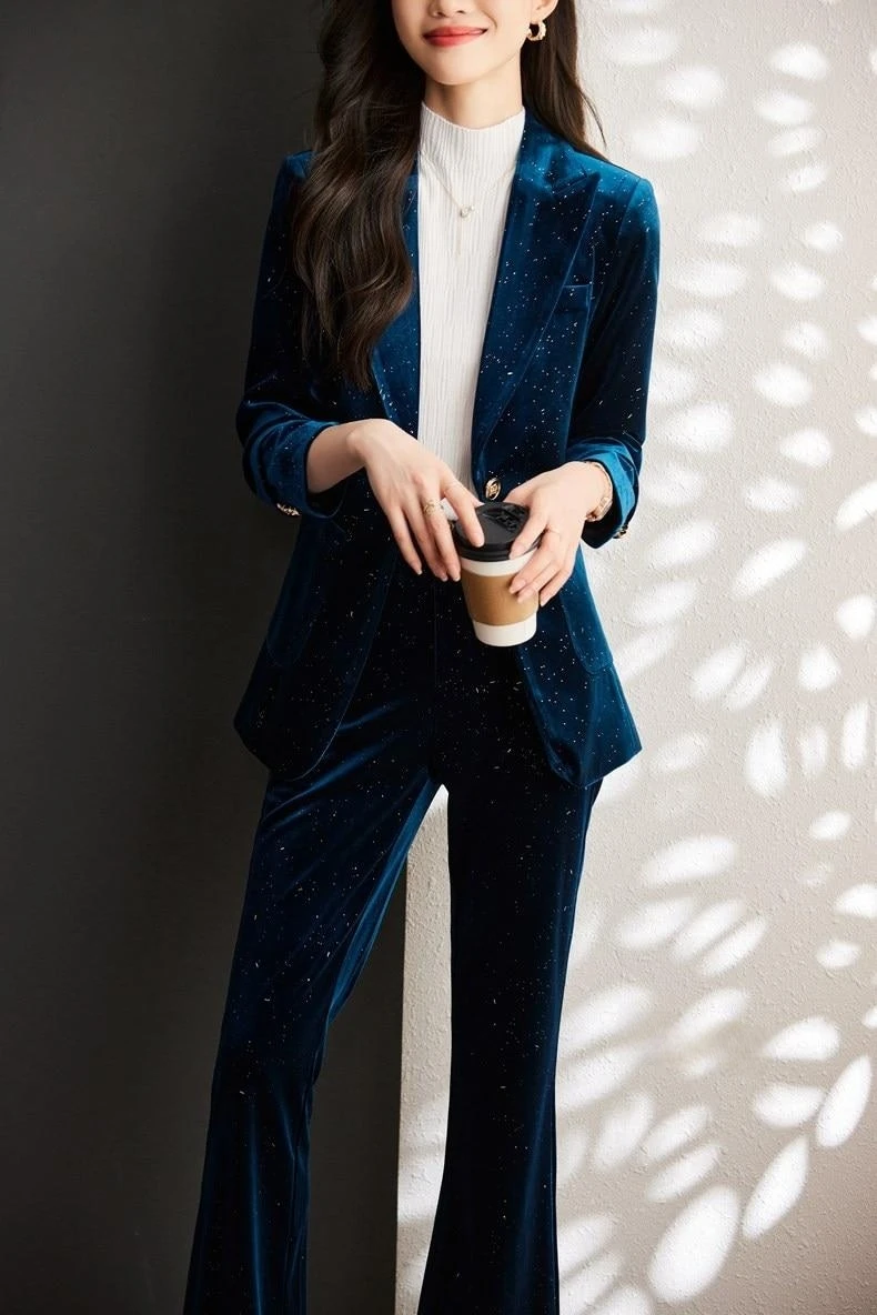 Autumn Winter New Shiny Velvet Senior Elegant Formal Blazer Women Business Suits With Sets Work Wear Office Uniform Pants Jacket