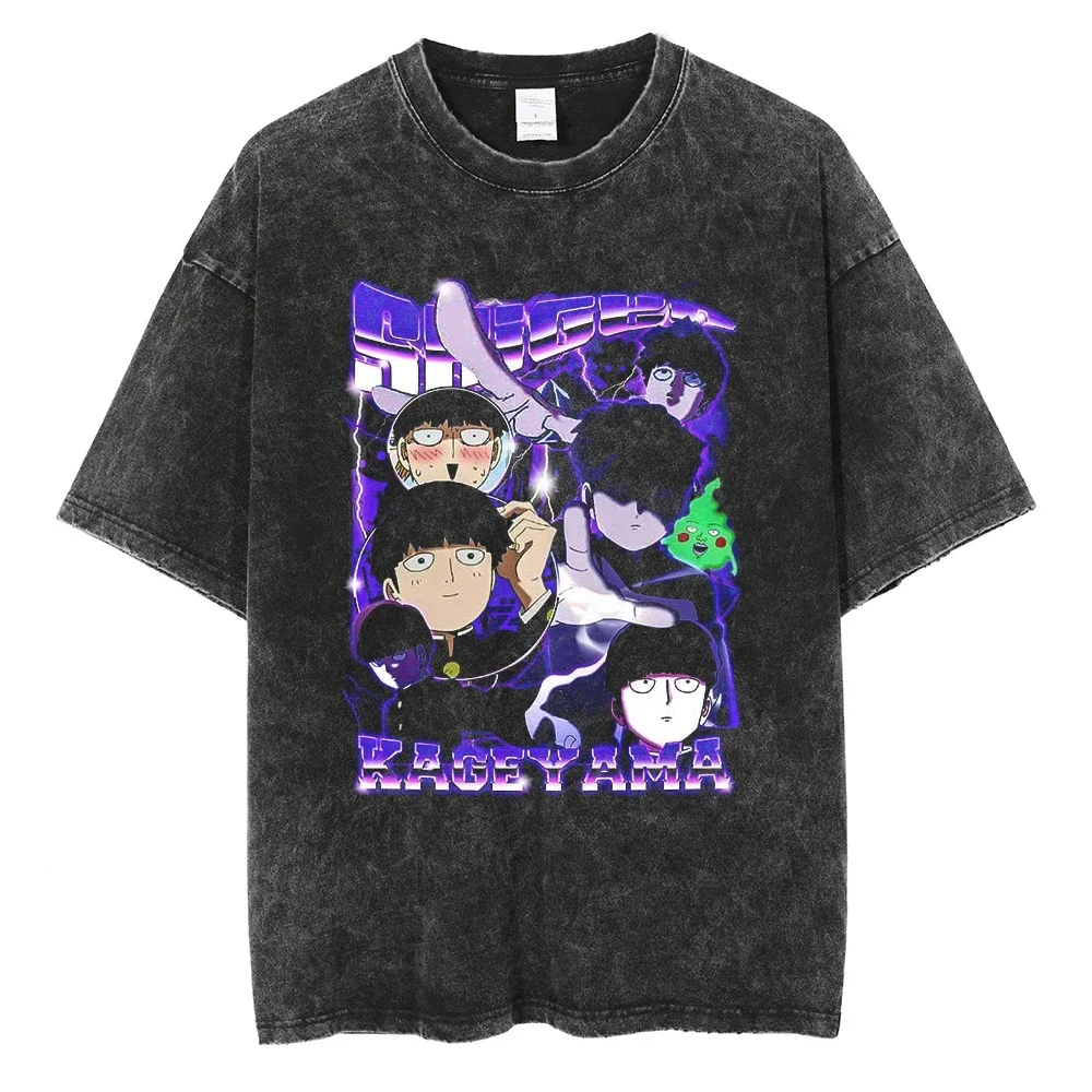 2026 summer Mob Psycho 100 Shigeo Kageyama Washed Anime T-shirt Harajuku Streetwear Oversized Short Sleeve Tee