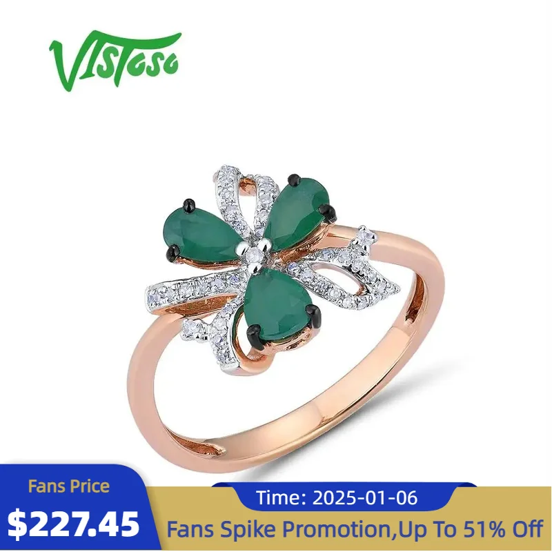 VISTOSO 14K 585 Rose Gold Ring For Women Magic Emerald Sparkling Diamond Engagement Anniversary Elegant Shining Fine Jewelry